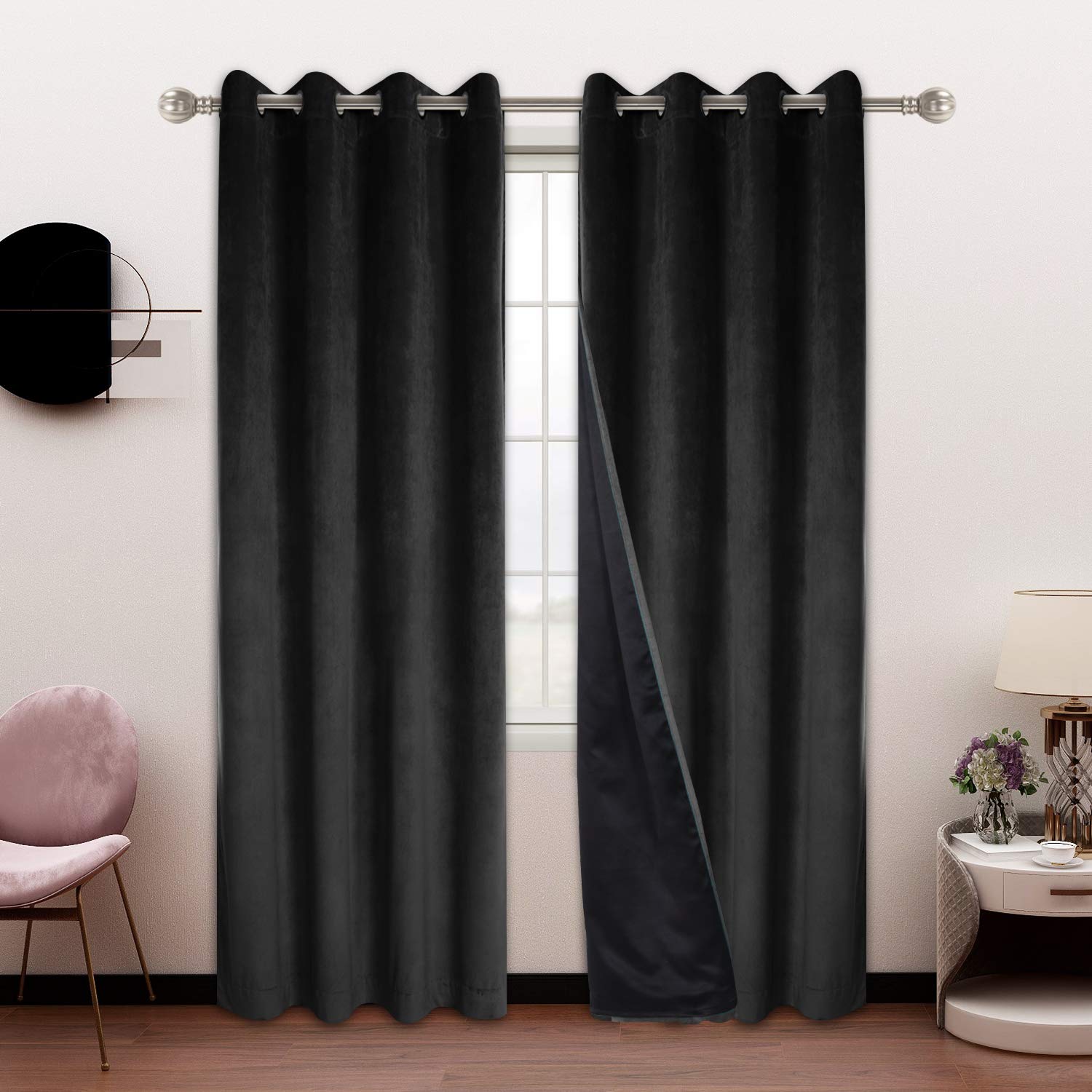 Photo 1 of LUSHLEAF 100% Blackout Velvet Curtains for Bedroom and Living Room, 52 x 72 inch Length, Black - Thermal Insulated, Energy Saving, Sun Blocking Grommet Window Drapes, Set of 2 Curtain Panels 52 x 72 inch Black
