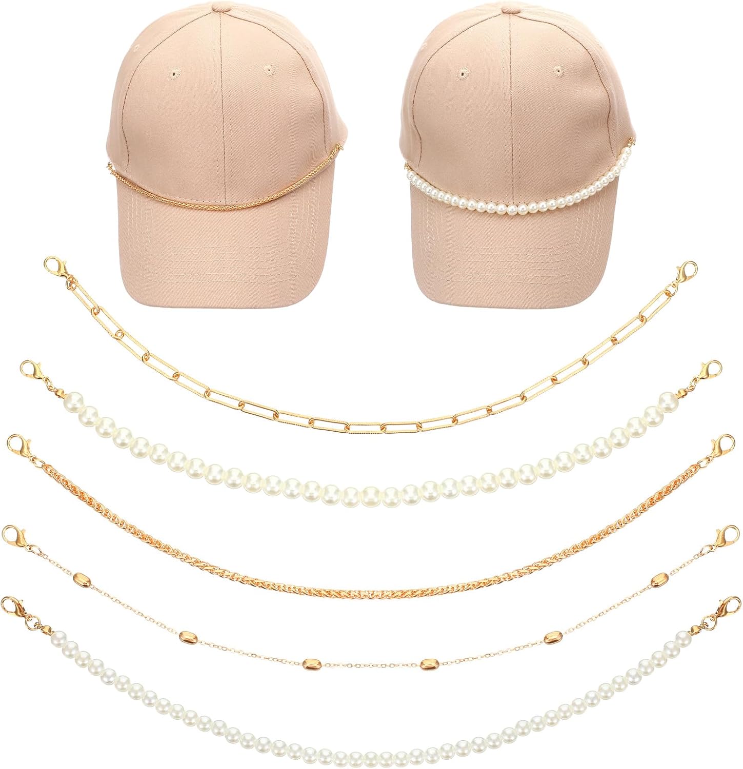 5 PCS Trucker Hat Chains Detachable Gold Pearl Hat Chains DIY Mesh Baseball Cap Accessories for Women Men Metal