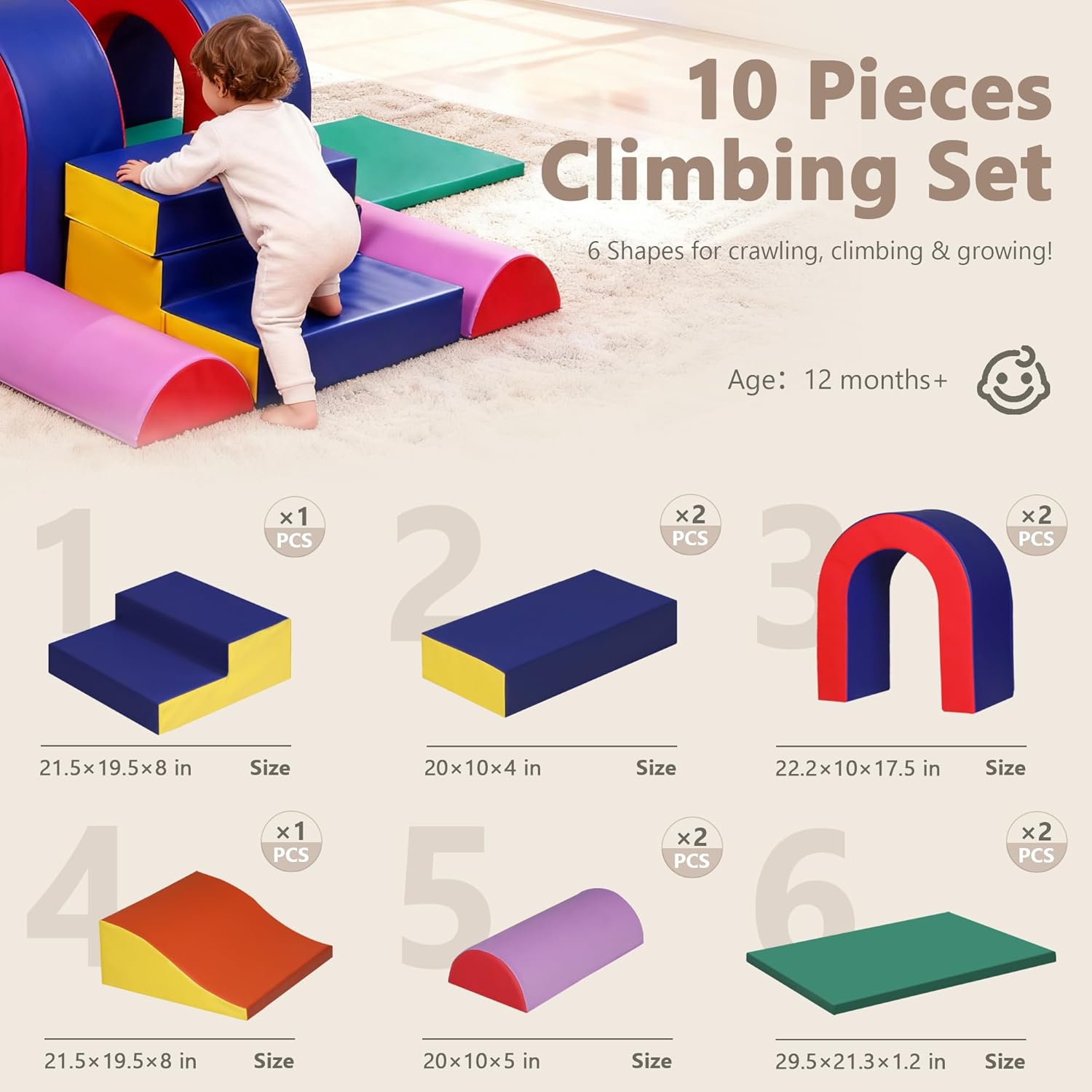 Kinder King Climb and Crawl Activity Play Set, 10-Piece Soft Foam Block for Climbing, Crawling and Sliding, Indoor Climber for Toddlers and Kids, Baby Infant Lightweight Climbing Toys