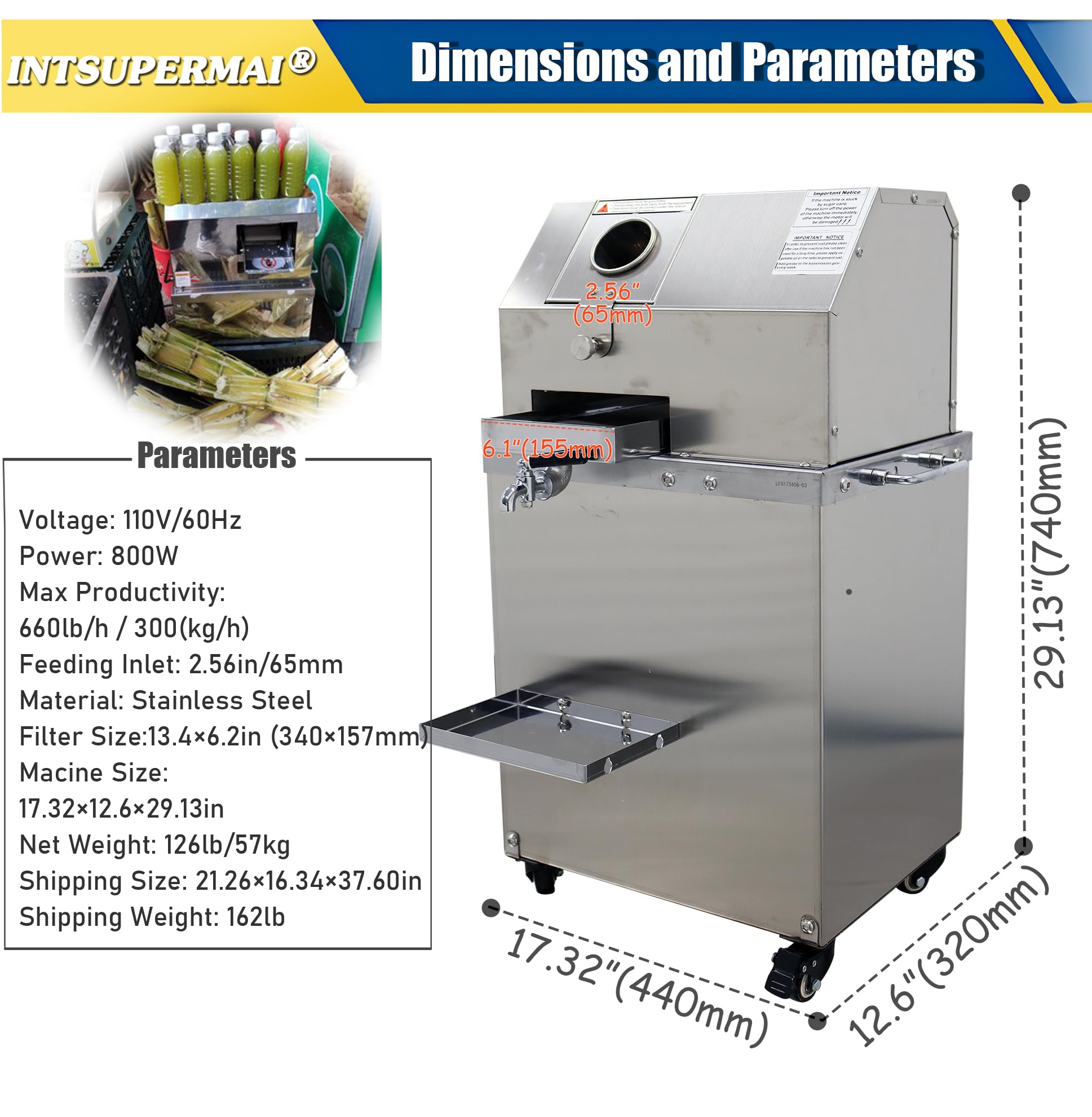 INTSUPERMAI Sugarcane Juice Machine, Sugar Cane Juicer with High Juice Yield, 3 Stainless Steel Rollers, Sugar Cane Press with Handle and Casters, 110V 800W, Sugarcane Sorghum Juice Squeezer
