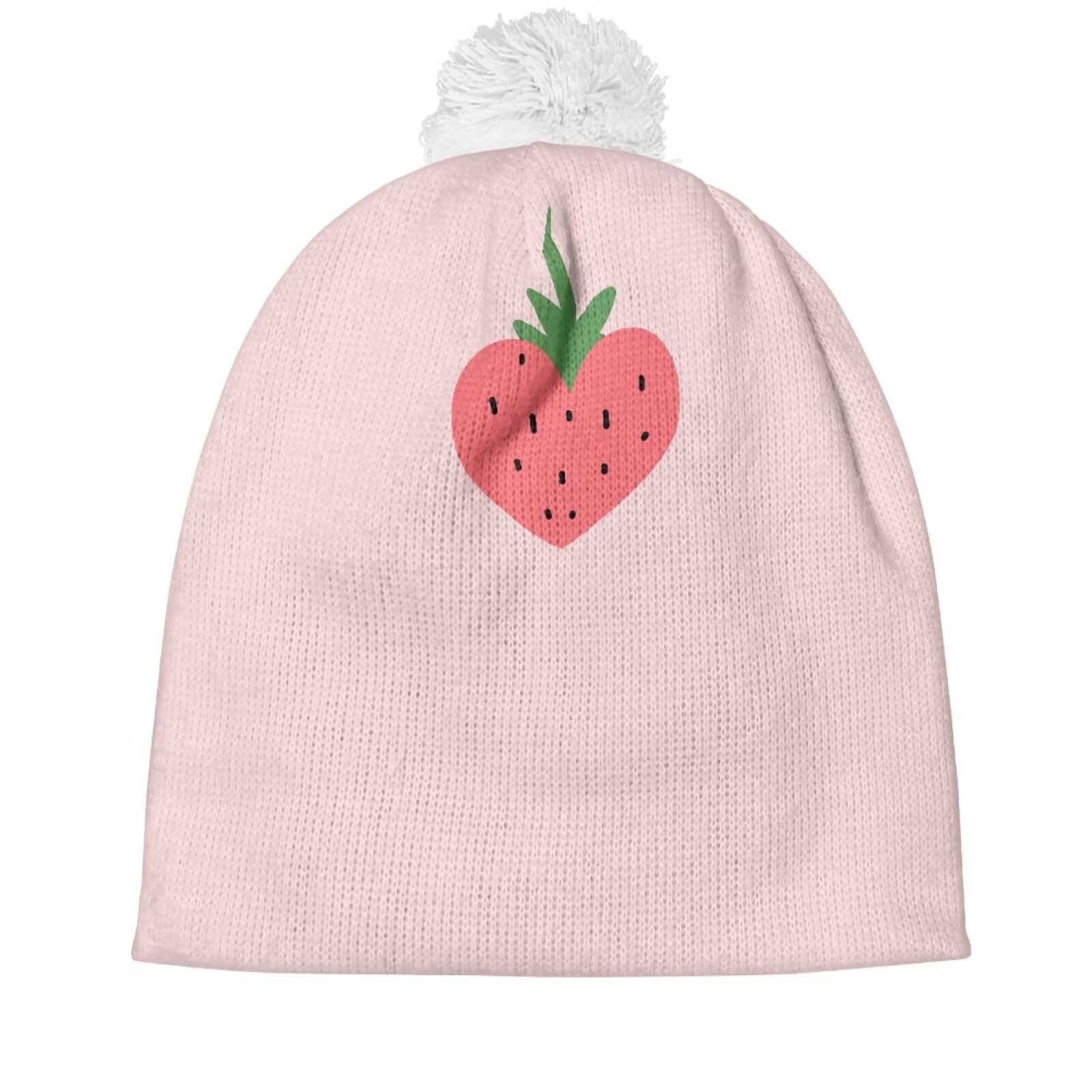 Hechitok Girls Boys Knit Slouchy Beanie Strawberry Print Beanie Chunky Baggy Hat with Pompom Winter Soft Warm Ski Cap for School Vacation Office Work, White Ball