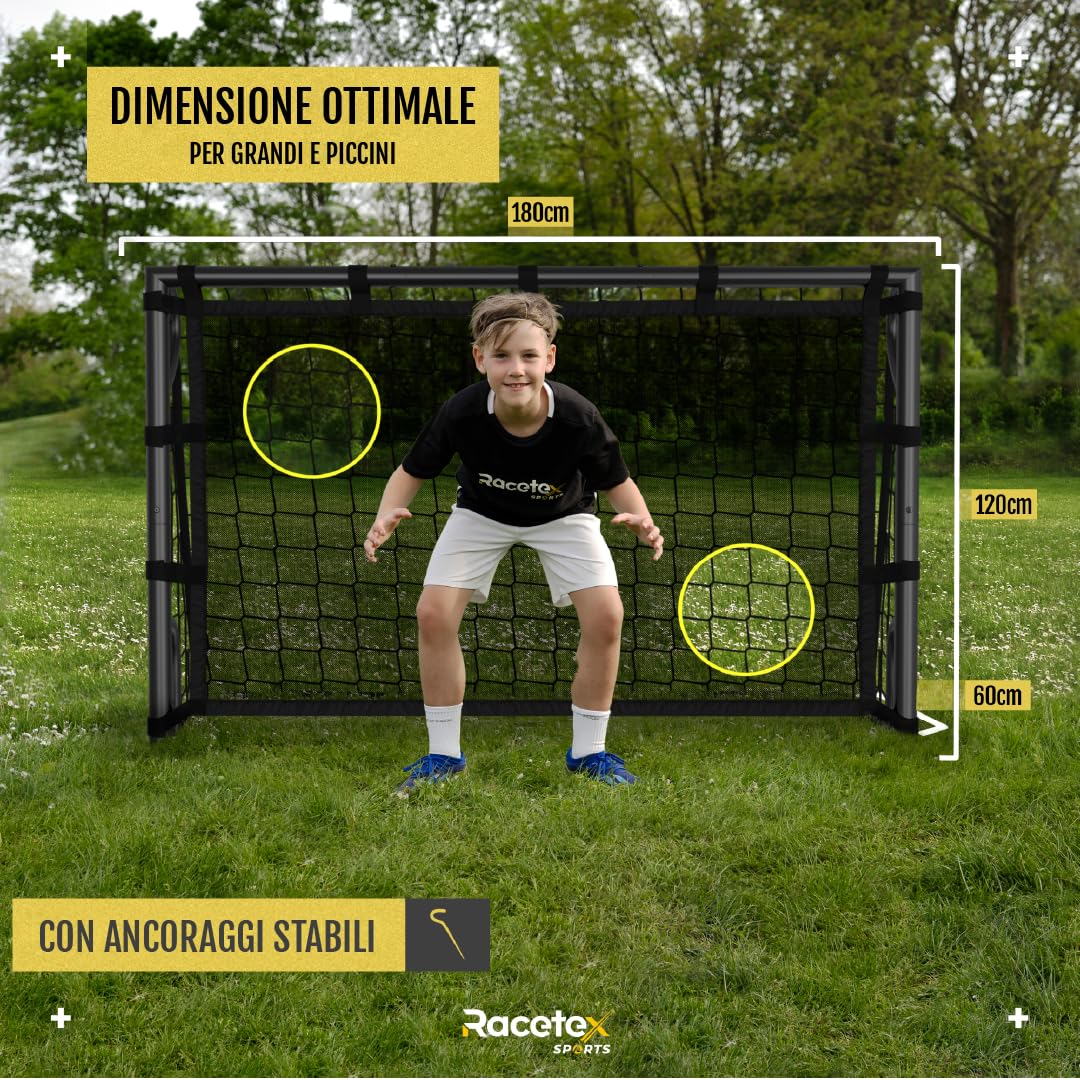 Racetex Porta da calcio da giardino per bambini [con parete porta] – Robusta porta da calcio per bambini e adulti con telaio in acciaio anteriore e rete da calcio resistente alle intemperie – La porta