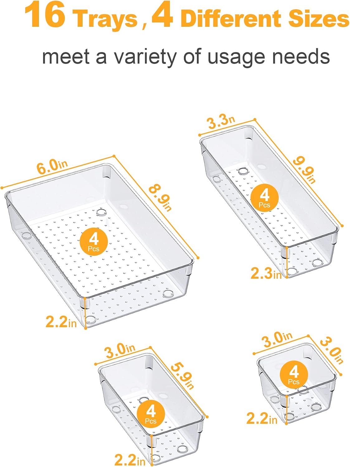 SMARTAKE 16-Piece Drawer Organizers, 4 Sizes Desk Dividers with Non-Slip Pads, Plastic Dresser Storage Tray Sets, Cosmetic Makeup Jewelries Trays, for Kitchen, Office, Home, Bathroom (Clear)