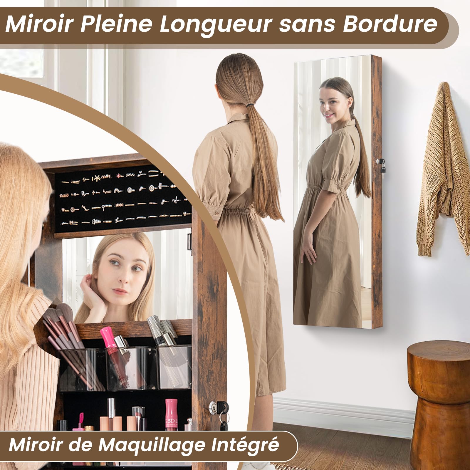 COSTWAY Armoire à Bijoux, Armoire à Bijoux Murale/de Porte avec Miroir Pleine Longueur et Miroir de Maquillage Intérieur, Cintres Réglables, Verrou, Doublure Douce, pour Chambre (Marron Rustique)
