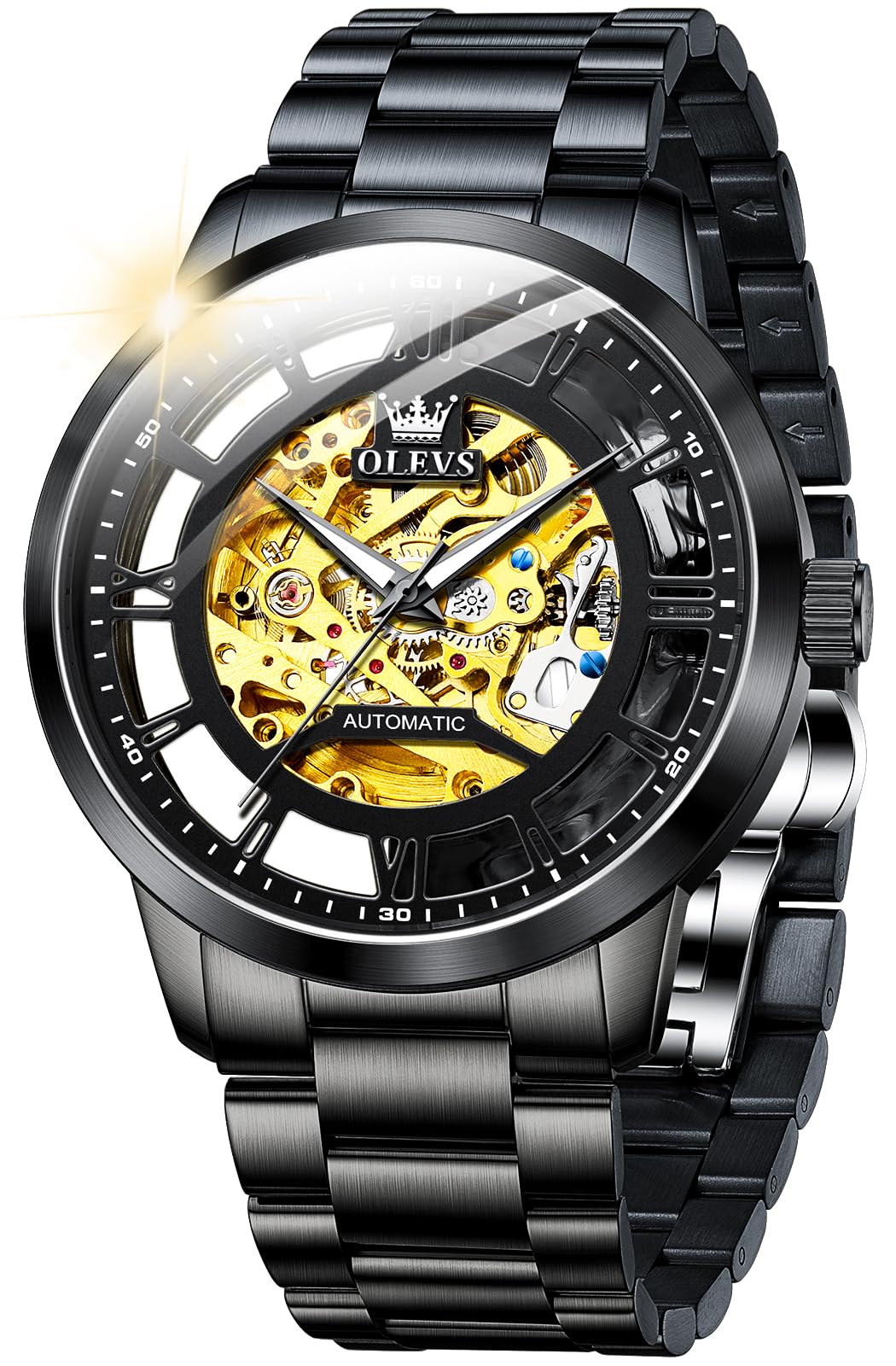 OLEVS Mens Automatic Watch Skeleton Diamond Luxury Mechanical Self Winding Dress Wrist Watch Waterproof Luminous