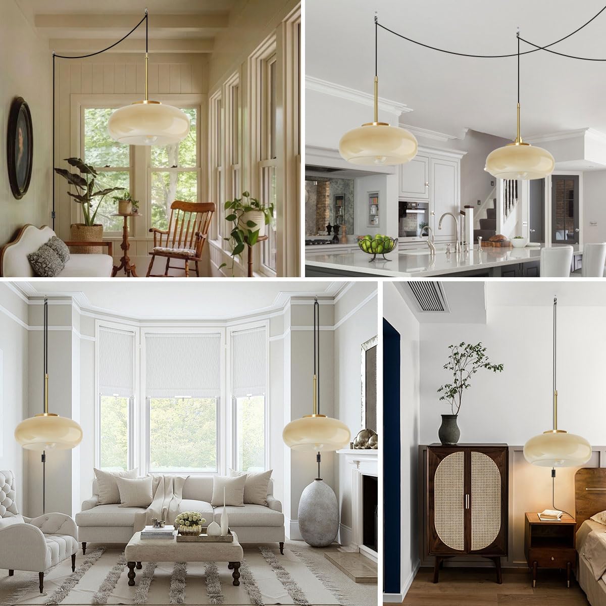 Plug in Hanging Lamp Milk Yellow Pendant Light Plug in Cord Glass Globe Pendant Light Gold Brass Swag Lights with 14.7 ft Cord On/Off Switch Mid Century Modern Hanging lamp Kitchen