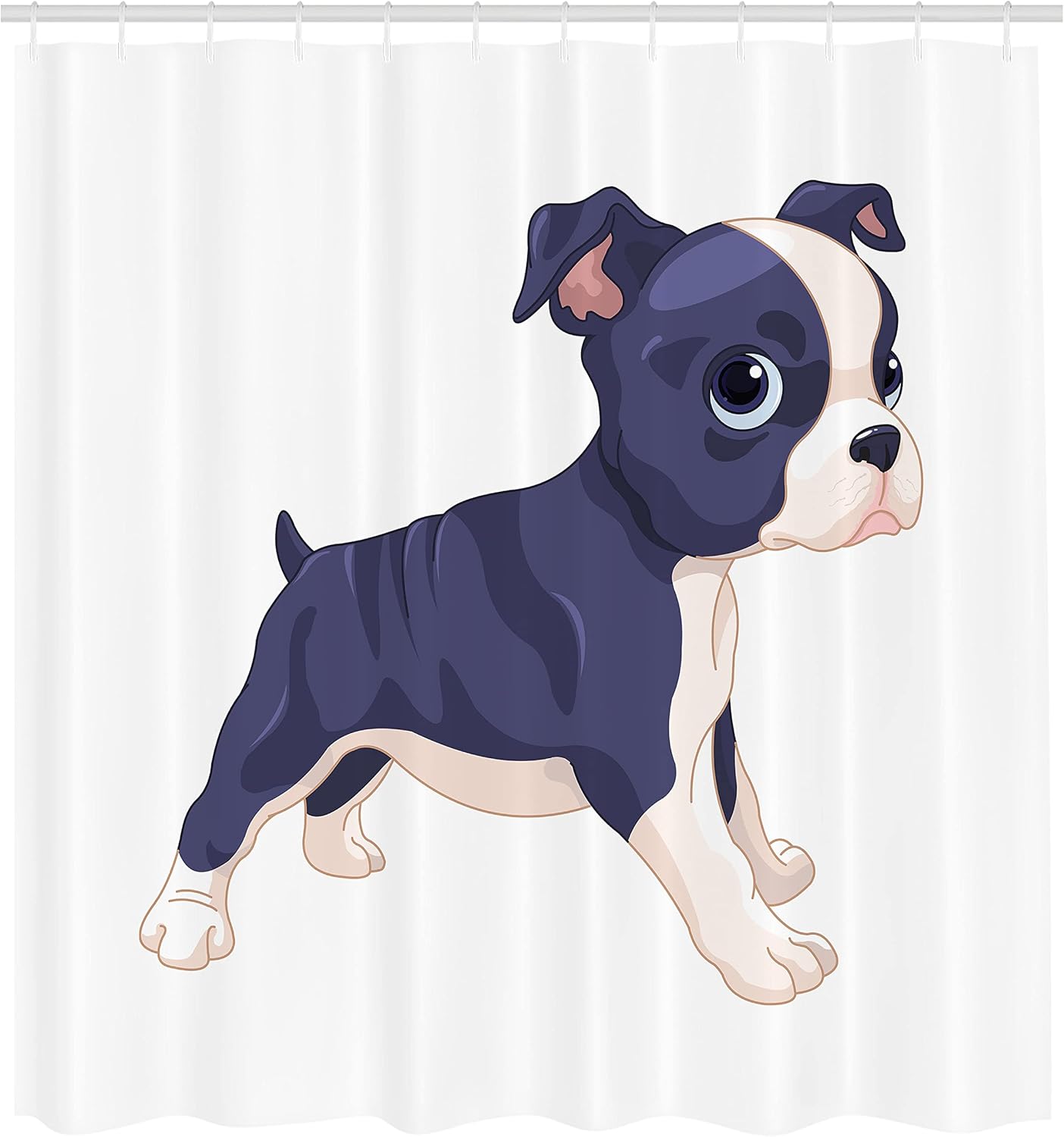 Ambesonne Boston Terrier Shower Curtain, Cartoon of a Puppy Cheerful Playful Animal Friend Composition, Cloth Fabric Bathroom Decor Set with Hooks, 69" W x 70" L, Dark Indigo White