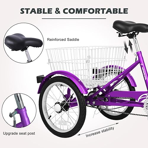 Vista 96 de H&ZT Triciclo para adultos, bicicleta de 3 ruedas, triciclo crucero, con engranaje de 7 velocidades, mango de freno de estacionamiento, escalón