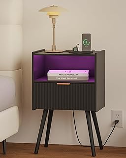 Black Nightstand, Modern Bedside Table with Charging Station & LED Lights, Plus Storage Drawer, Open Wood Shelf and Solid Wood Legs, for the Living Room, Bedroom & Small Spaces
