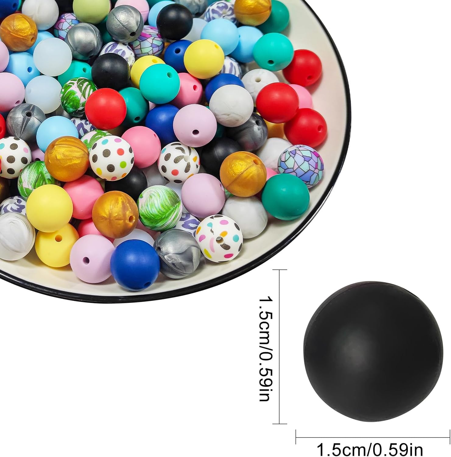 100PCS Round Silicone Beads 20 Assorted Colors & Patterns 15mm Silicone Beads Bulk Mixed Color Focal Beads for DIY Crafts Bracelet Making Keychains Pens Accessories - Image 2