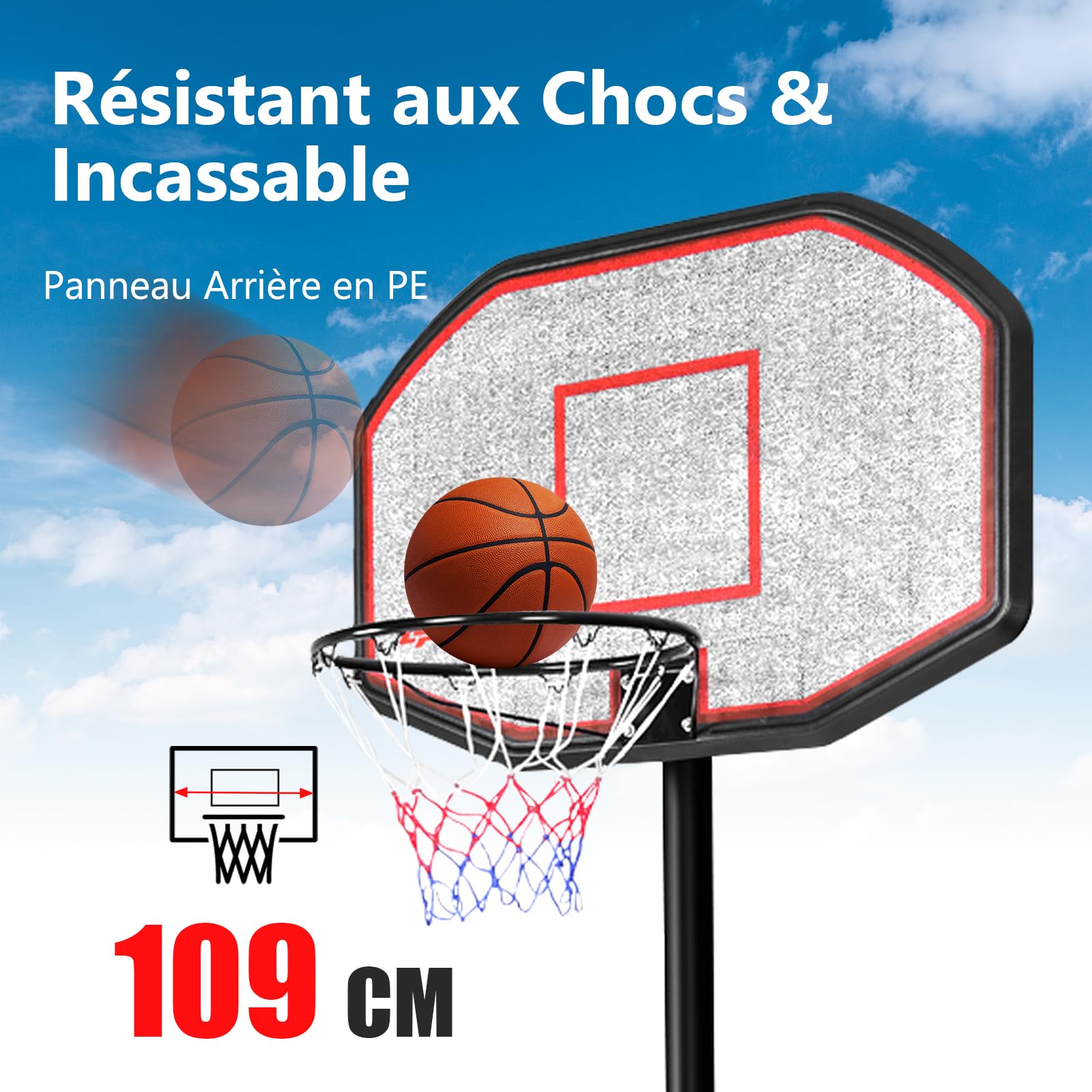 GYMAX Panier Basket Exterieur pour Enfants Adultes, Hauteur Réglable 220-305cm, Mobile avec Roues, Base Remplissage d'eau ou Sable, Structure Stable Triangulaire