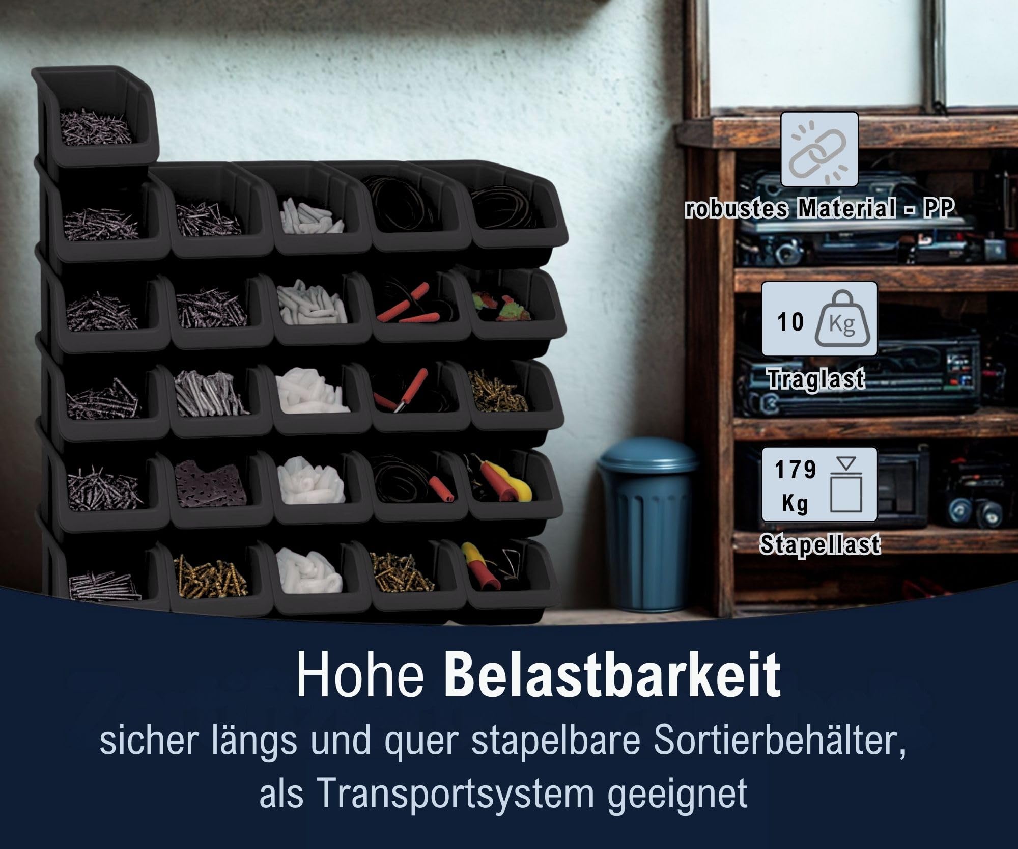 Hünersdorff 26 x Sichtbox - Stapelbox Lagerbox SET in Größe 3 - aus bruchsicherem Polypropylen (PP) - Rezyklat- ideal für Ordnungs- und Sortiersysteme, Wandplatten, Fahrregal, Werkstattregal - Schwarz
