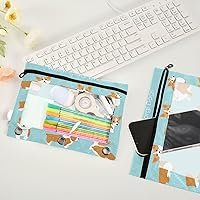 Vista 4 de Kcldeci Estuche para lápices para carpeta de 3 anillas, lindo y feliz juego de corgi galés de dibujos animados, paquete de 2 bolsas para lápices