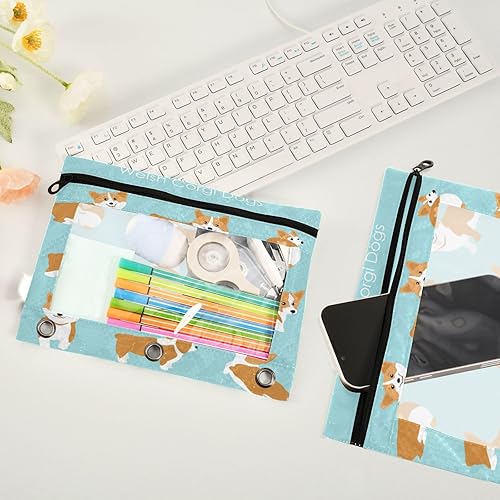 Miniatura 4 de Kcldeci Estuche para lápices para carpeta de 3 anillas, lindo y feliz juego de corgi galés de dibujos animados, paquete de 2 bolsas para lápices con