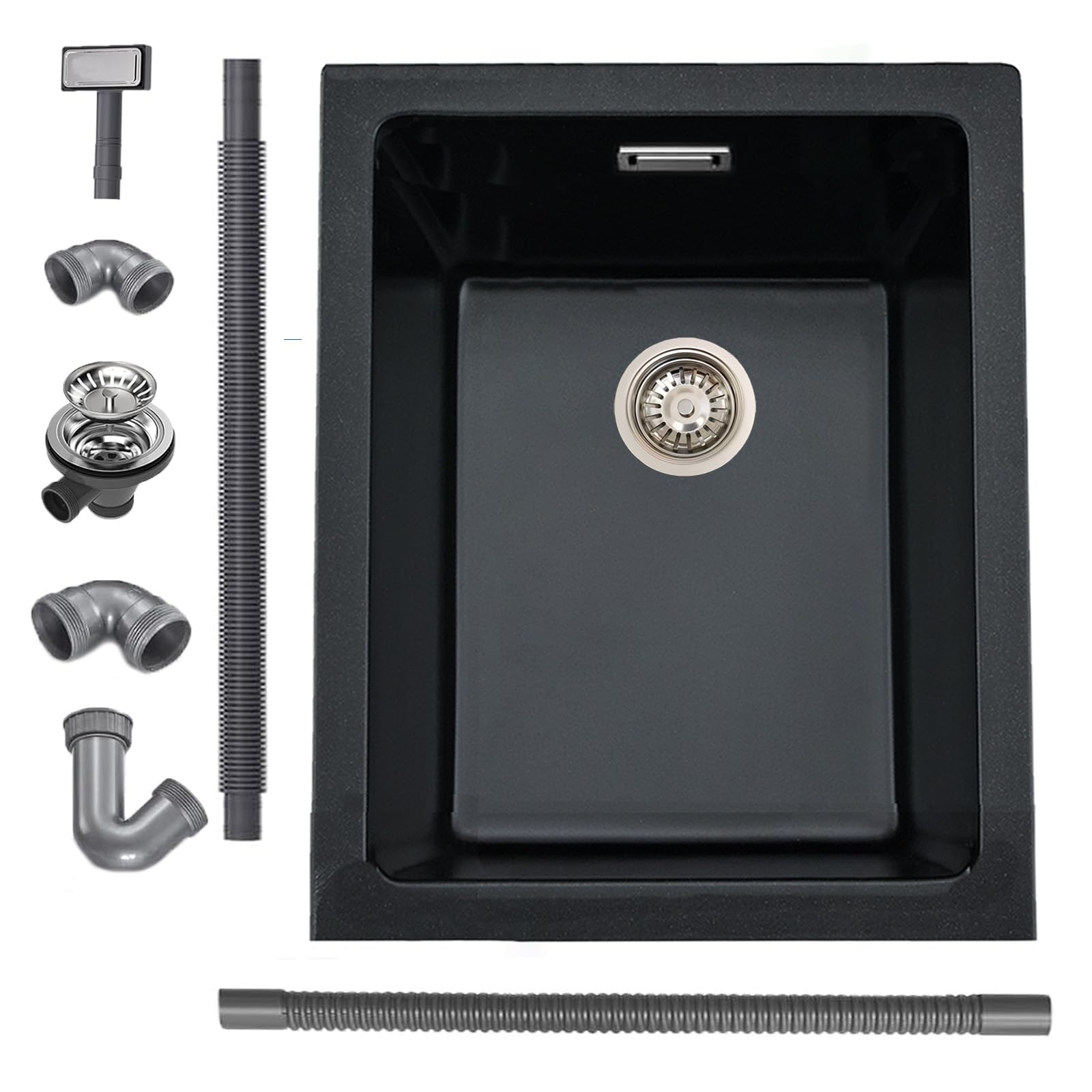 iAnomla Quartz Kitchen Sink 35x45cm/14x18in, Composite Inset/Undermount Kitchen Small Black Sink Waste Kit,Single Bowl Commercial with Overflow, Suitable for Workstation