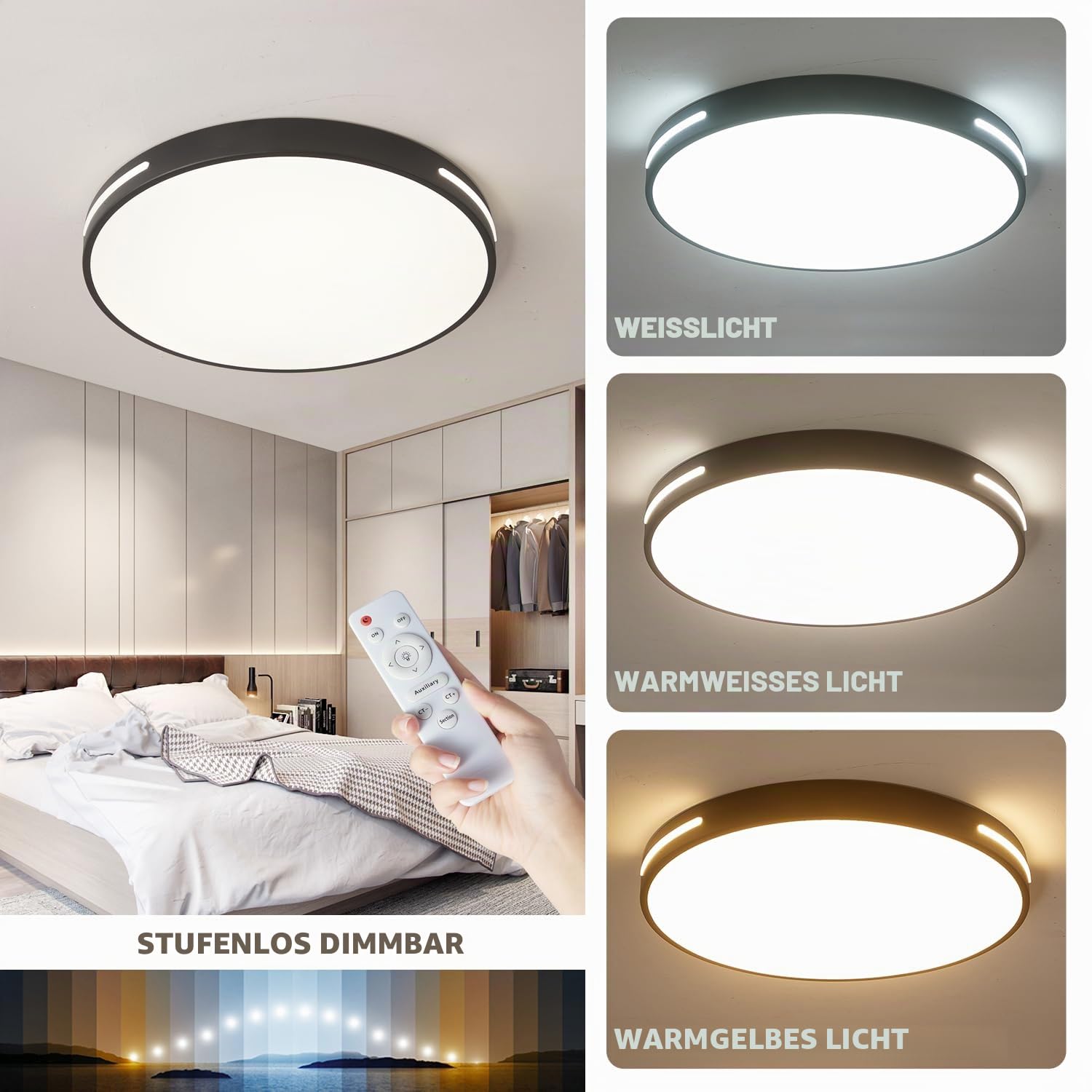 Style home 96W LED Deckenleuchte dimmbar mit Fernbedienung Ø50x5cm Schwarz | 3000-6000K,Rund Flach LED Deckenlampe Modern Lampe für Wohnzimmer Schlafzimmer Büro Küche Diele