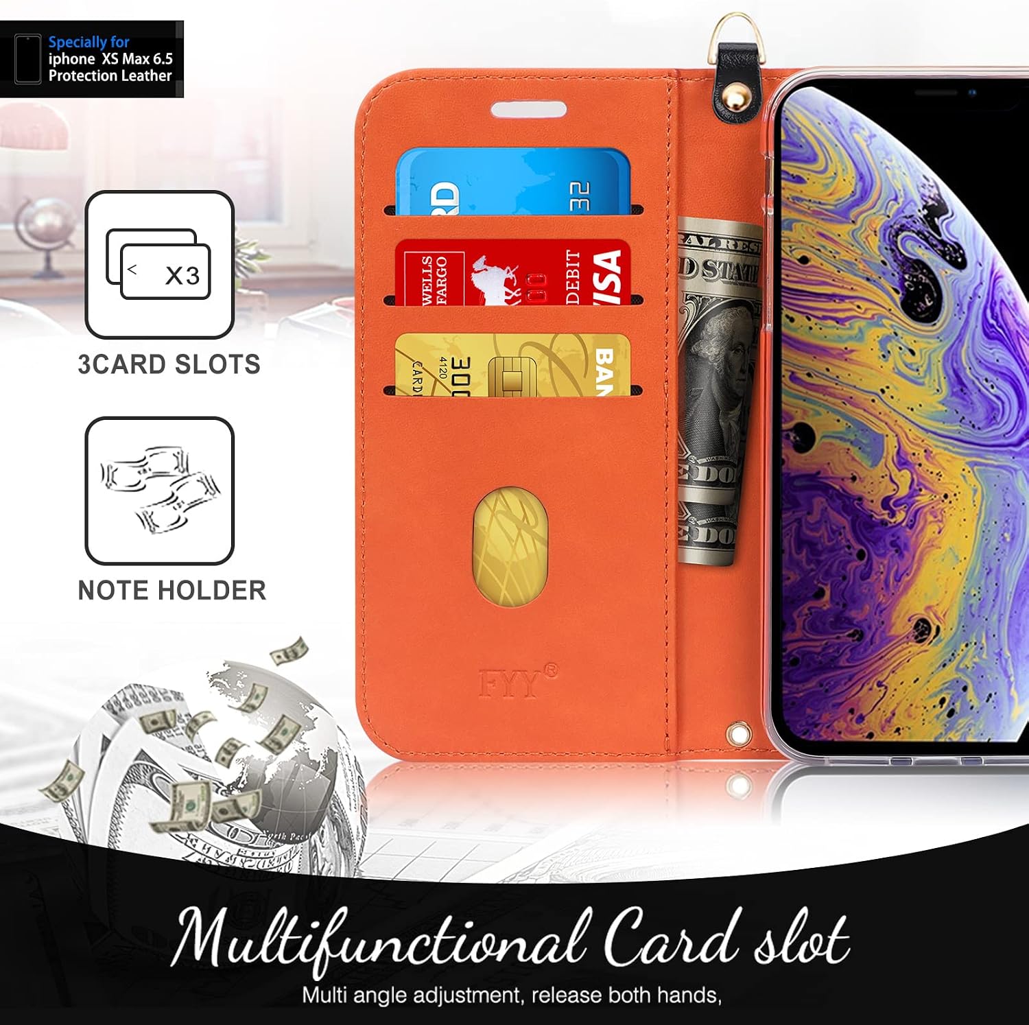 FYY Case for iPhone Xs Max (6.5") 2018, [Kickstand Feature] Flip Folio Leather Wallet Case with ID and Credit Card Pockets for iPhone Xs Max (6.5") 2018 Black