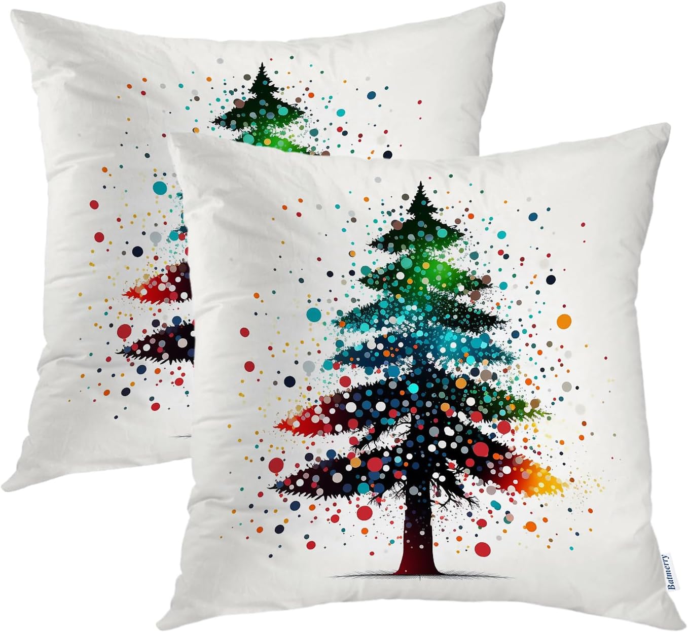 Batmerry Christmas Fir Tree Throw Pillow Covers, Colored Art Polka Dots Decorative Pillow Covers Digital Printing Blended Fabric for Couch Sofa Bed Invisible Zipper 20X20 in(Set of 2)