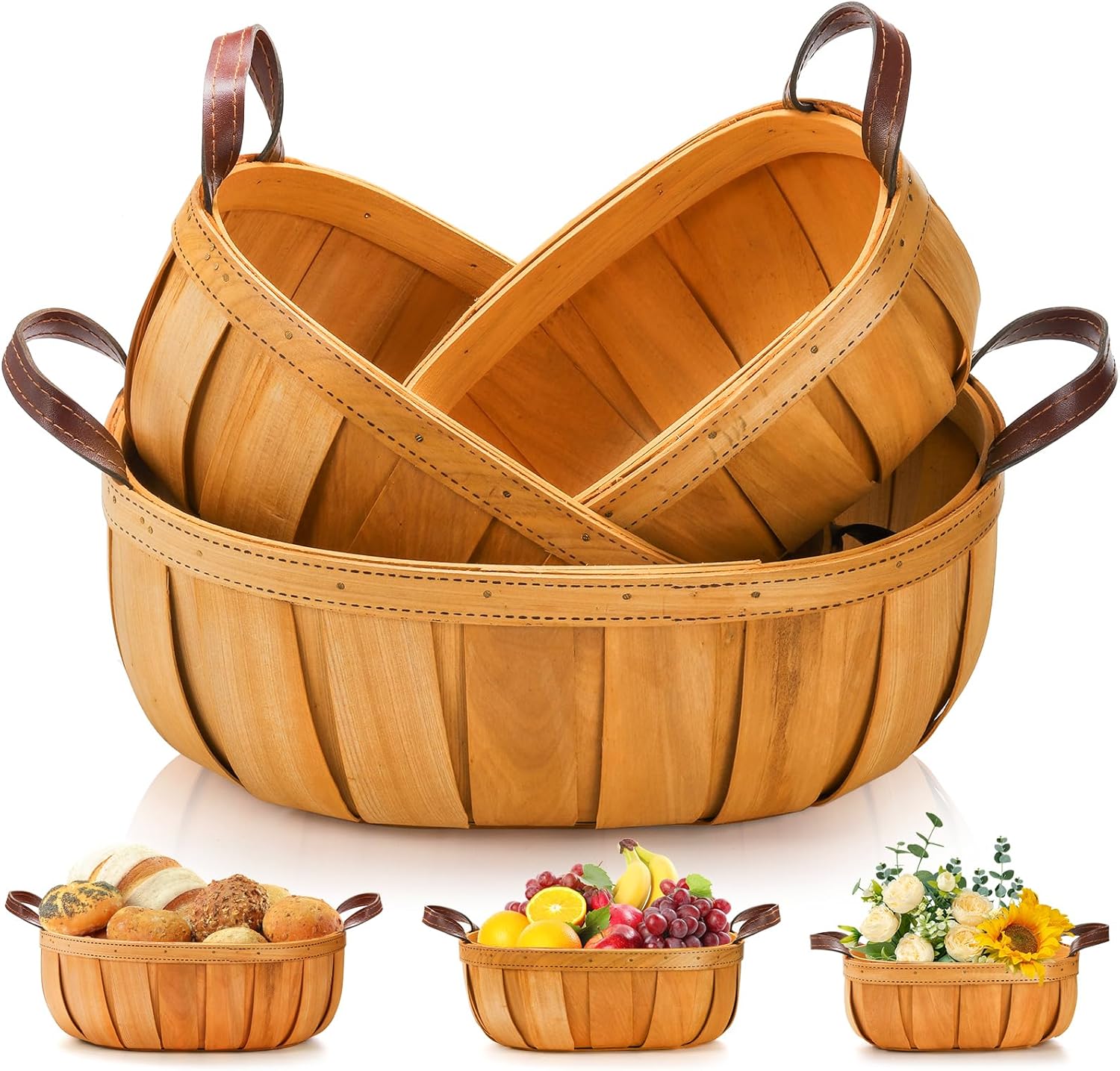 Goaste 3 Pack Wooden Bread Baskets, Wood Chip Picnic Basket with Handles, Handmade Woven Harvest Basket Holder, Rustic Fruits Vegetable Storage Baskets for Picnic, Wedding, Gifting (Orange, 3 Sizes)