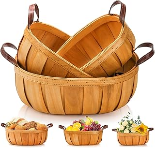 Goaste 3 Pack Wooden Bread Baskets, Wood Chip Picnic Basket with Handles, Handmade Woven Harvest Basket Holder, Rustic Fruits Vegetable Storage Baskets for Picnic, Wedding, Gifting (Orange, 3 Sizes)