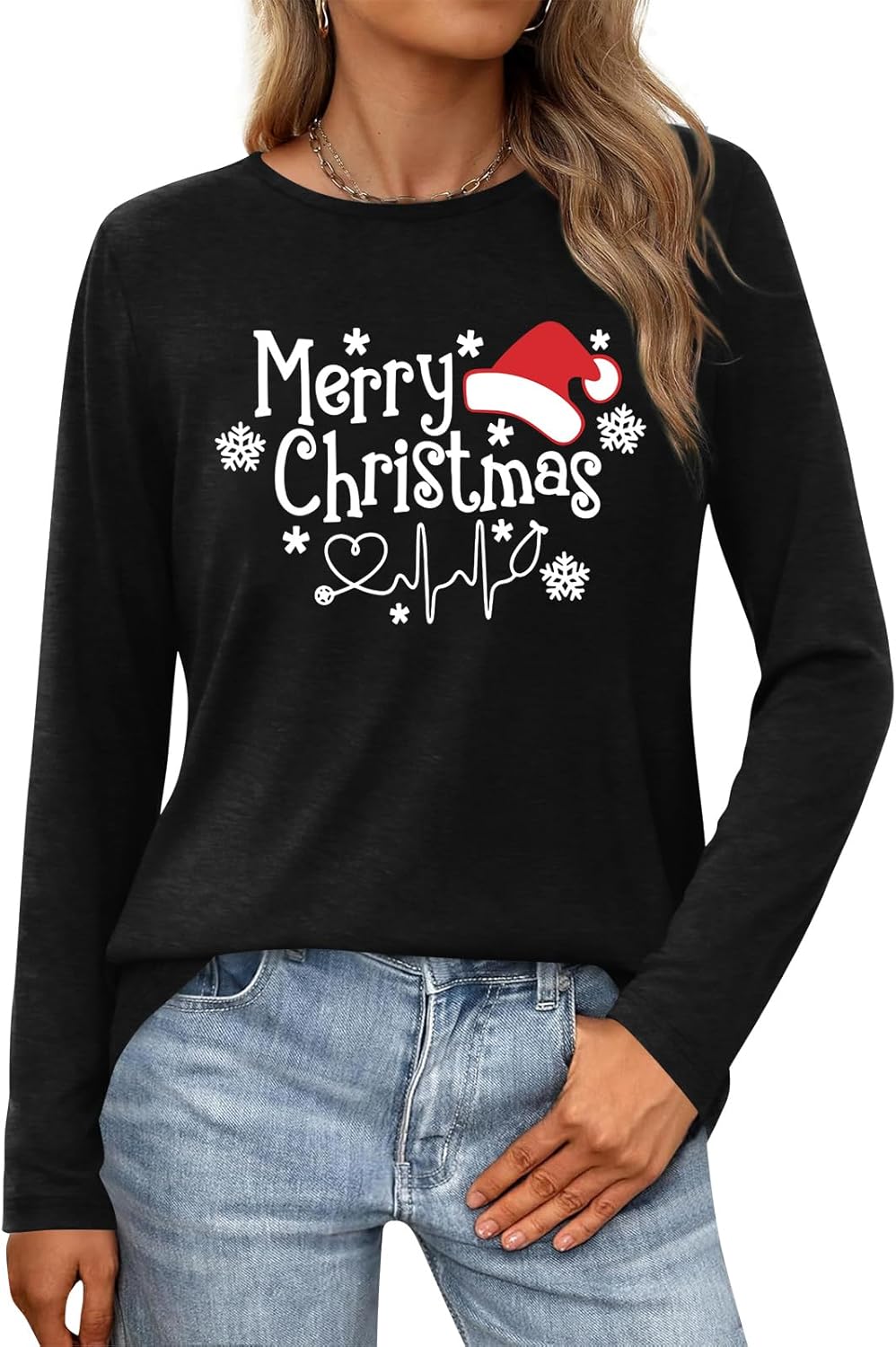 Christmas T-Shirt for Women Long Sleeve Round Neck Xmas Holiday Shirts Casual Basic Tunic Tops