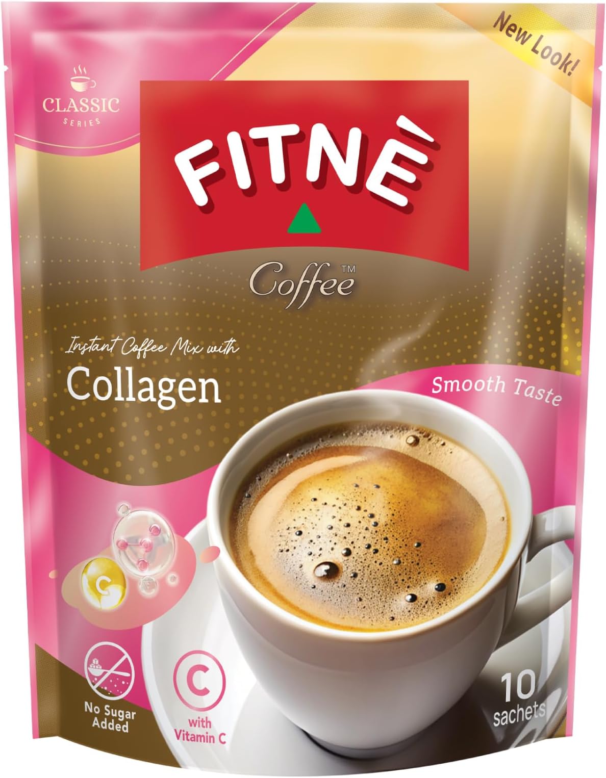 FITNE Instant 3 In 1 Coffee Packets Mix With Natural Hydrolyzed Collagen Vitamin C Smooth Blend Tasty Aromatic No Sugar Sucralose Sweetener, 10 Sachets