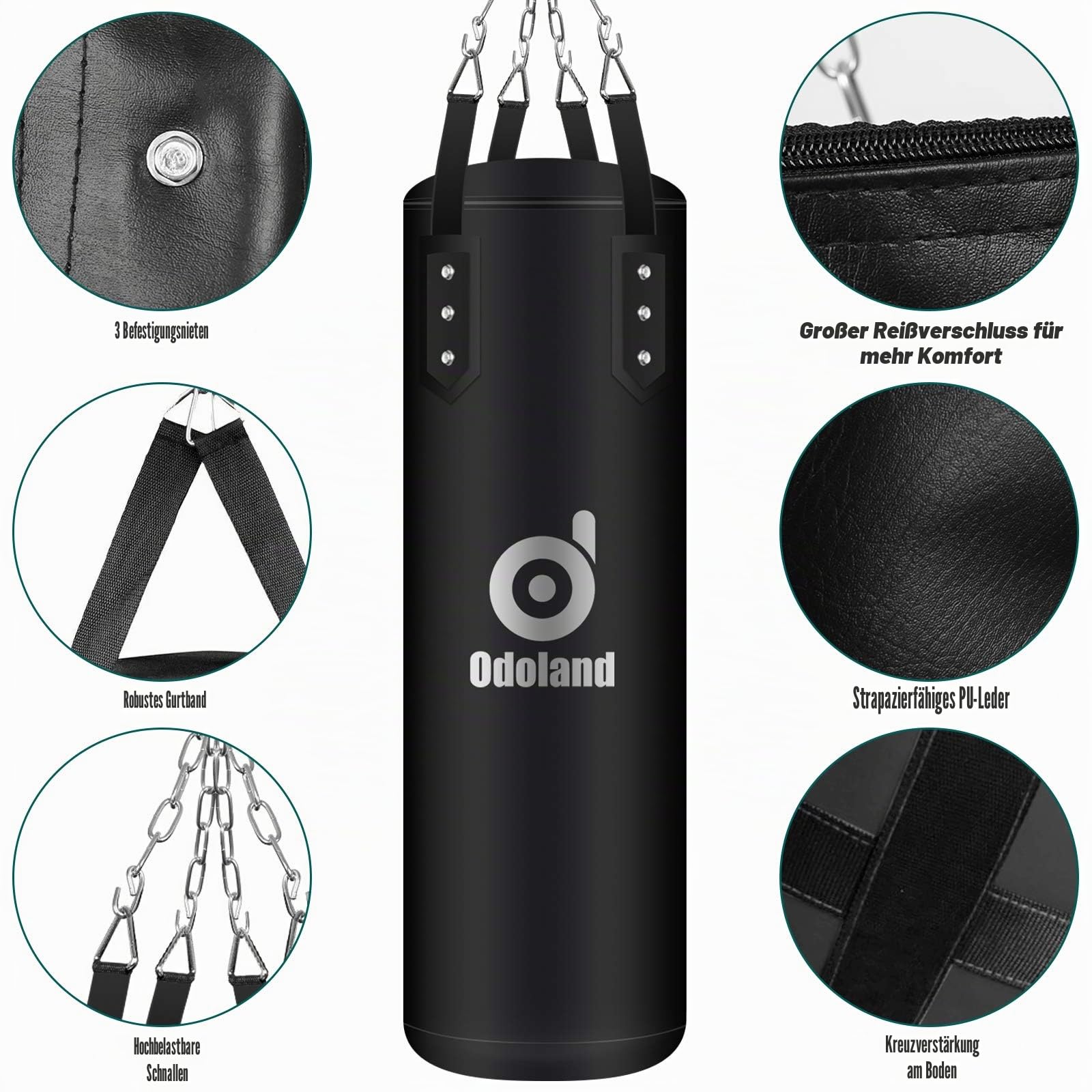 Odoland Boxsack Set Ungefüllt 8 in 1, Boxsack Erwachsene 100 120cm mit Boxhandschuhe 12oz, Reflexball, Boxbandagen, Kette Deckenhaken, Springseil, Punchingsäcke für MMA Kickboxen Boxing