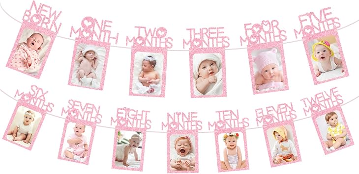 1st Birthday Baby Photo Banner for Newborn to 12 Months, Monthly Milestone Photograph Bunting Garland, Monthly Photo Banner for Baby Boys Girls First Birthday Party Celebration Decoration Pink