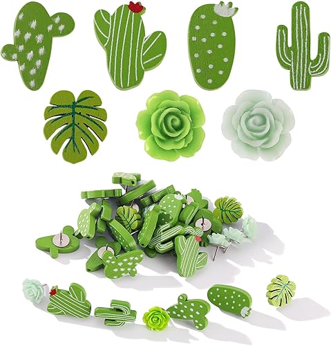 Juego de 40 alfileres decorativos, cactus hoja de palma, camelia rosa, pulgar, tachuelas decorativas para tablero de corcho, tablón de anuncios,