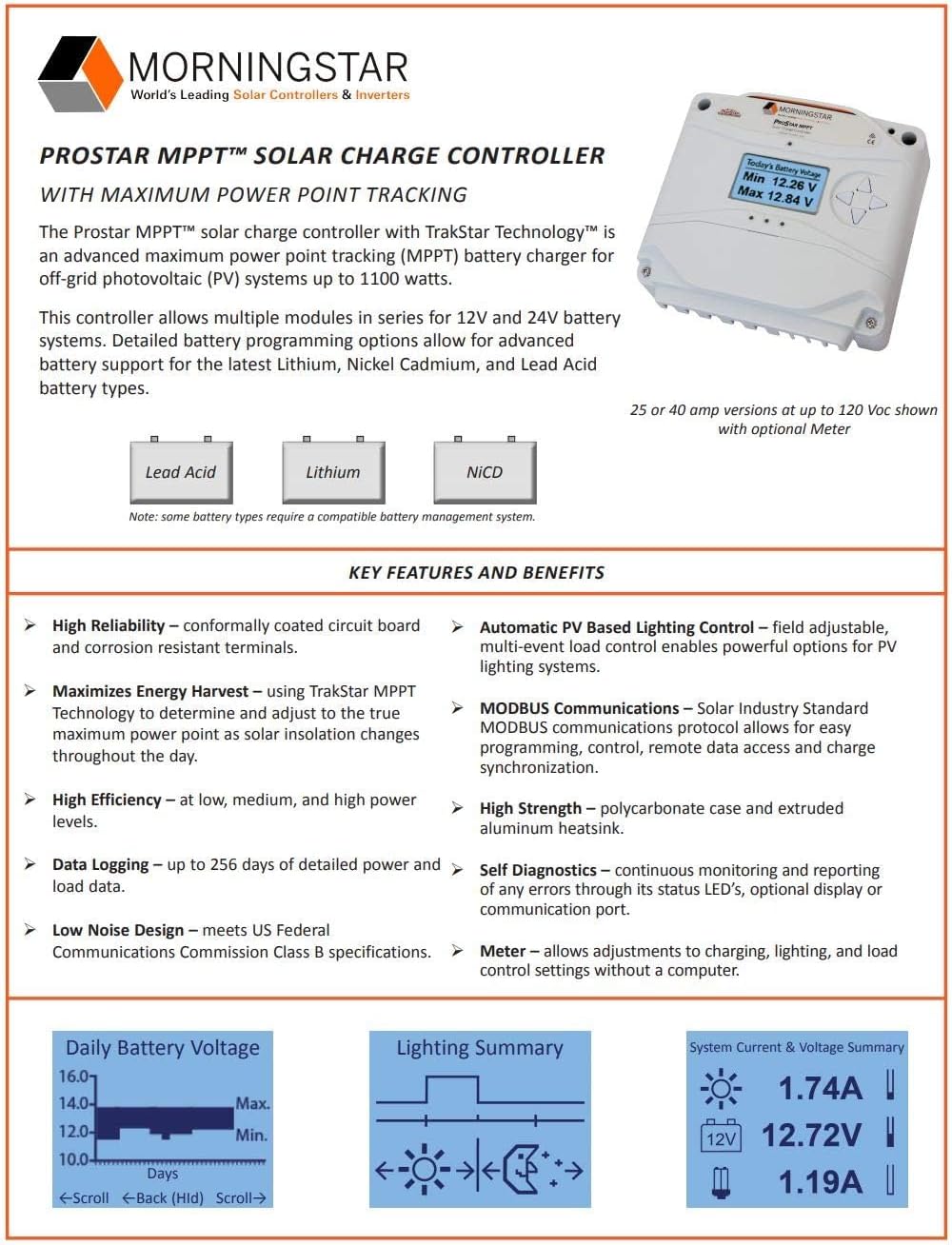 Morningstar Prostar 40A MPPT Solar Charge Controller (PS-MPPT-40) - Solar Panel Regulator, Supports 12V/24V LA/Lithium Batteries, LVD/Lighting Control, HazLoc Rated, Low Noise - Designed in The USA
