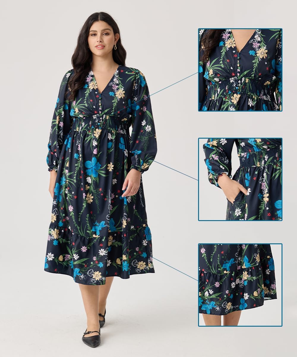 CARCOS Women's Plus Size Boho Floral Fall Dress Long Sleeve V Neck Wedding Guest Cocktail Party Flowy Midi Dress XL-5XL - Image 4