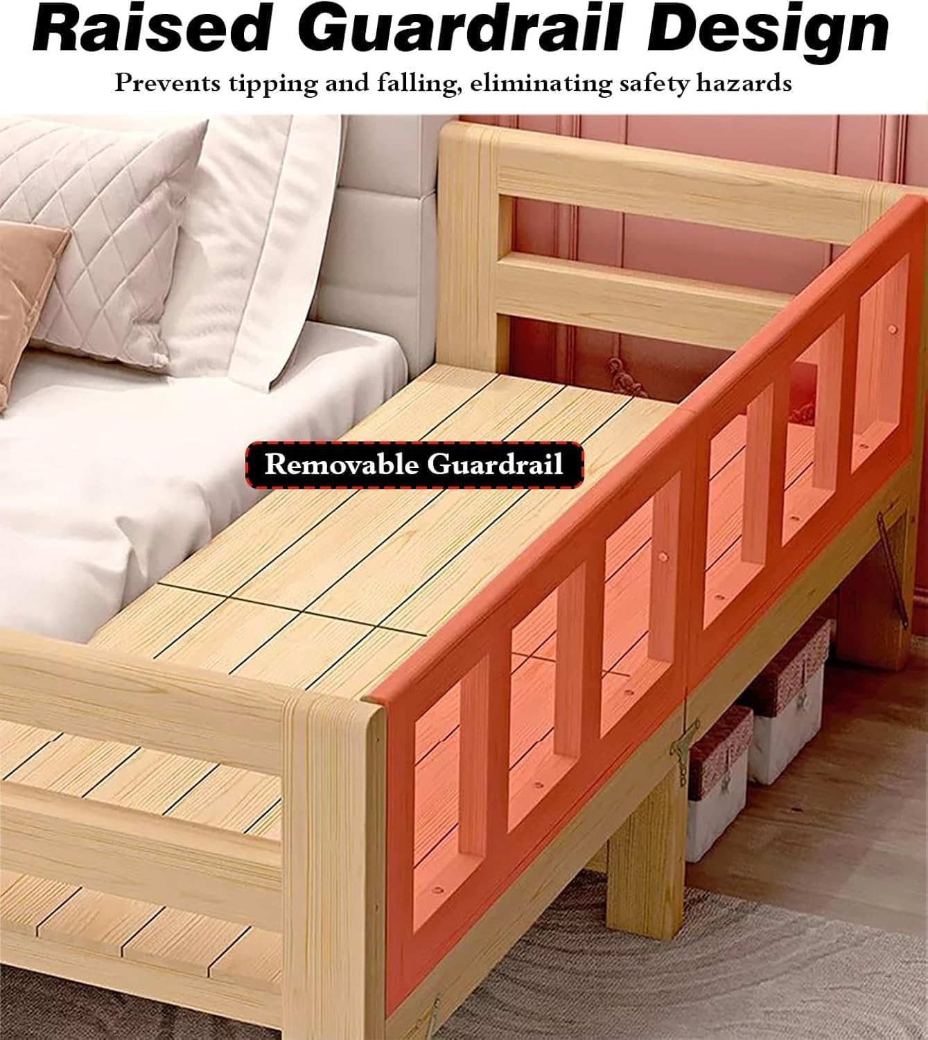 Interior Lightweight Bedside Sleeper Toddler Platform Beds Frame for Anti-Fall, Modern Vintage Folding Wood Bed with Safety Guardrails, High Load-Bearing(71 x 31 x 16 in)