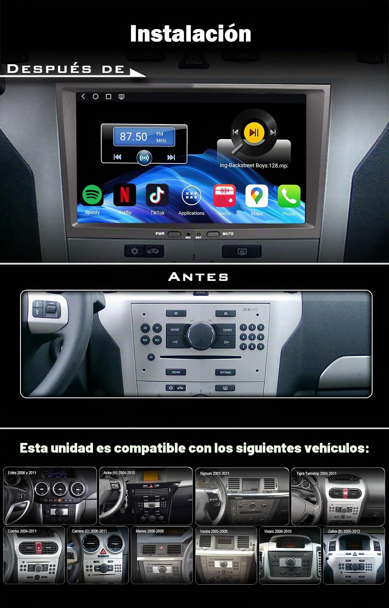 8 Pulgadas 4GB+64GB Android 14 Qualcomm Radio Coche con Pantalla Táctil Estéreo para Opel Corsa C/D Astra H Zafira B Combo Vivaro Bluetooth 5.1 CarPlay Android Auto DSP A2DP SWC WiFi Canbus