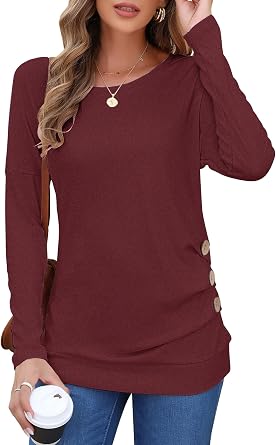 MOLERANI Womens Long Sleeve Tunic Tops Casual Fall Shirts | Crew Neck, Side Pleated with Deco Buttons, Soft Stretchy, Loose Fit, Easy Styling with Jeans or Leggings, Work & Daily Wear