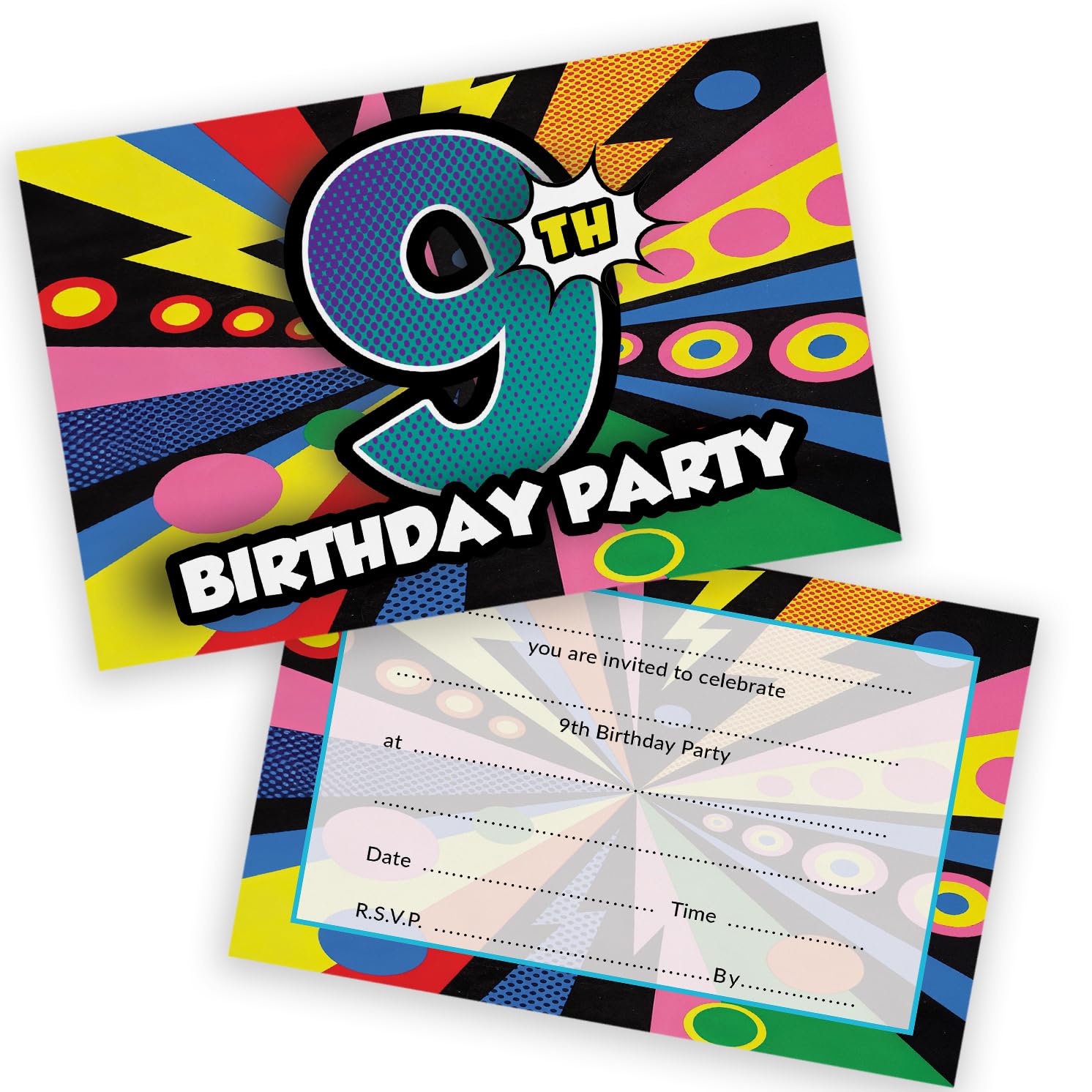 Stuff4 Playful 9th Birthday Party Invitations - Bursting with Comic Book Energy - Vibrant Blue, Pink and Yellow Design - 20 Pack, Envelopes Included
