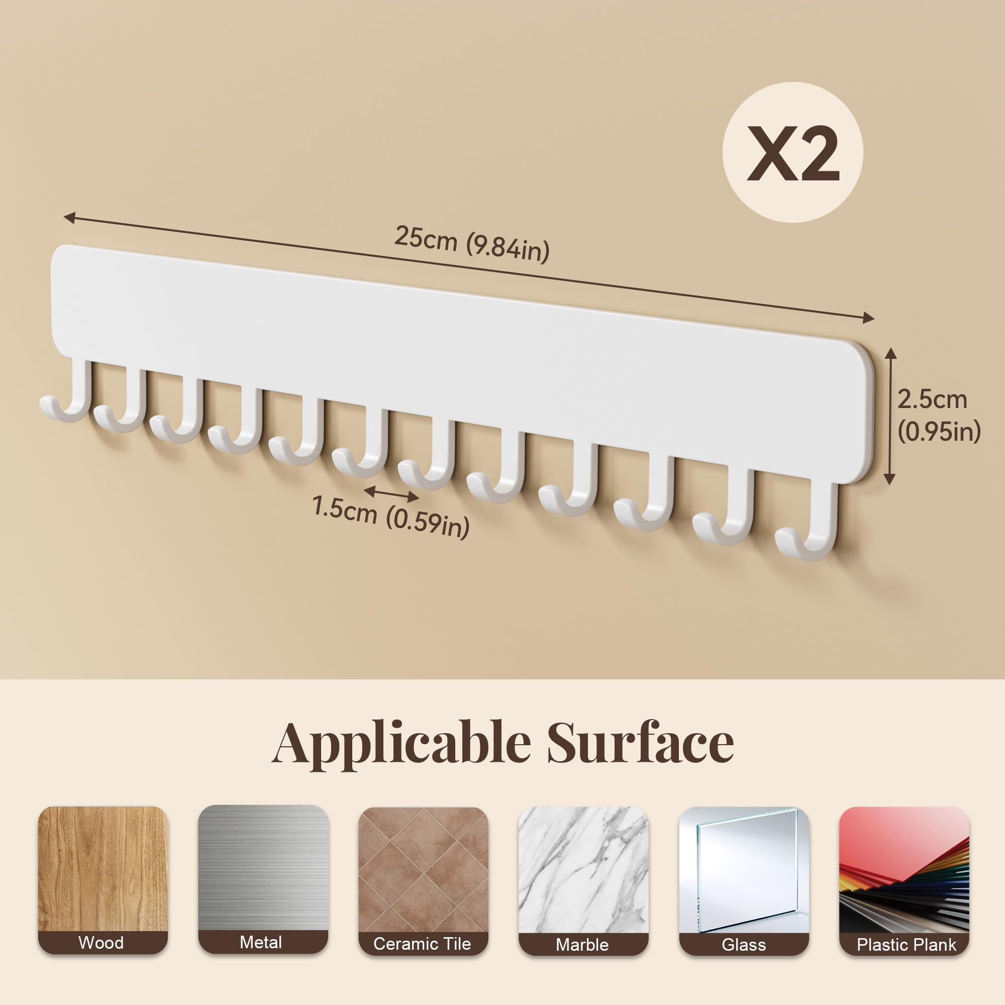 Josmimic Organizador de joyas para colgar en la pared, autoadhesivo, con ganchos para collares, pulseras, pendientes, solución de exhibición y almacenamiento para mujeres, 2 unidades, color blanco — view 2