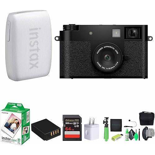 FUJIFILM X Half Premium Compact Digital Camera (Black) Bundle with Fuji Link 3 Smartphone Printer (Clay White) + Instax Mini Film + 64GB Memory Card + Flexible Tripod + Cleaning Kit + More