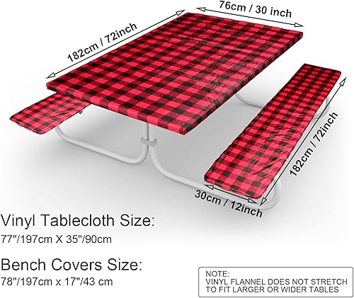 Miniatura 2 de BBTO Juego de mesa y banco de picnic de vinilo de 72 x 30 pulgadas, funda de mesa elástica impermeable con parte trasera de franela, funda ajustable