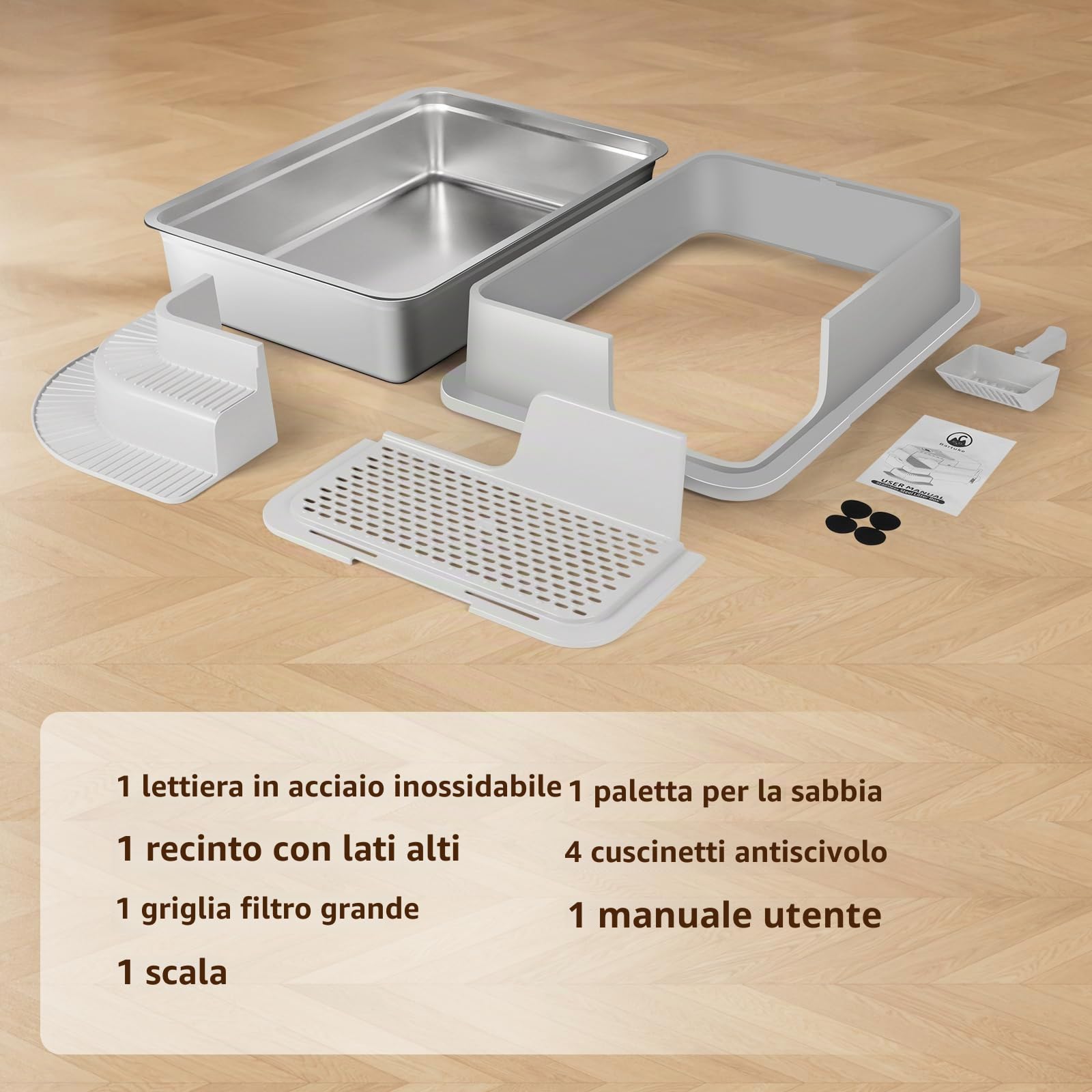 XXXL - Lettiera semi-chiusa in acciaio inox, 70 x 50 x 30 cm, parete laterale alta, in metallo, con passaggio filtrato, gradini, pala, non adesiva, facile da pulire (grigio chiaro)