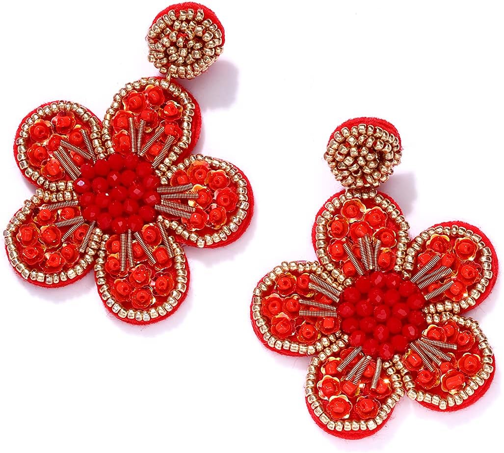 Beaded Drop Earrings Statement Colorful Beaded Flower Earrings Handmade Bohemia Tropical Beadwork Dangle Earrings For Woman - Image 6