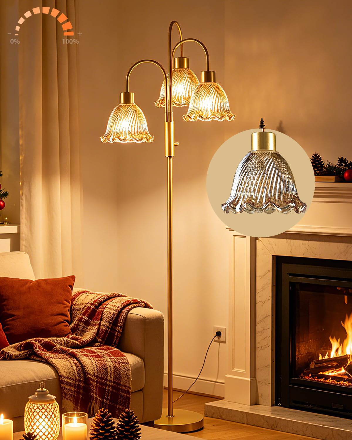 Glass Floor Lamp 3-Light 70" Amber Flower Gold Dimmable Tall Standing Lamps