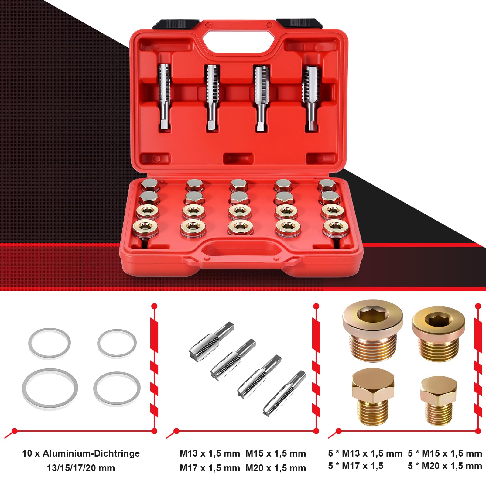 Juego de reparación de 64 piezas para tornillo de drenaje de aceite, M13 x 1,5 | M15 x 1,5 | M17 x 1,5 | M20 x 1,5 Tornillo y rosca para cárter de aceite, kit de reparación de rosca para