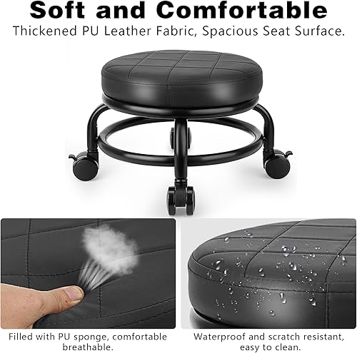 Miniatura 3 de Taburete bajo con ruedas de baja altura, asiento de cuero sintético, silla pequeña, taburetes rodantes redondos para oficina en casa, garaje, tienda
