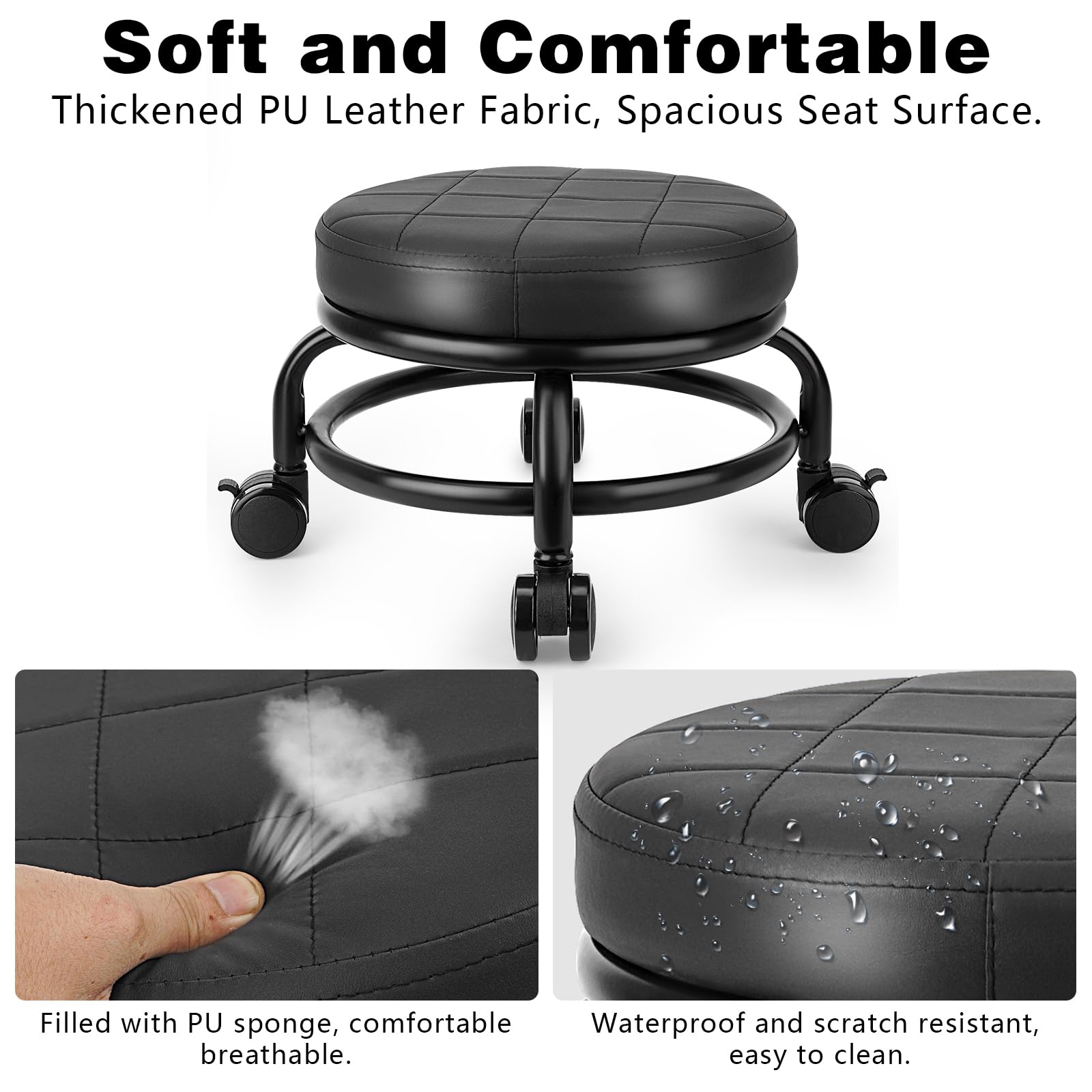 Taburete bajo con ruedas de baja altura, asiento de cuero sintético, silla pequeña, taburetes rodantes redondos para oficina en casa, garaje, tienda (negro) 2