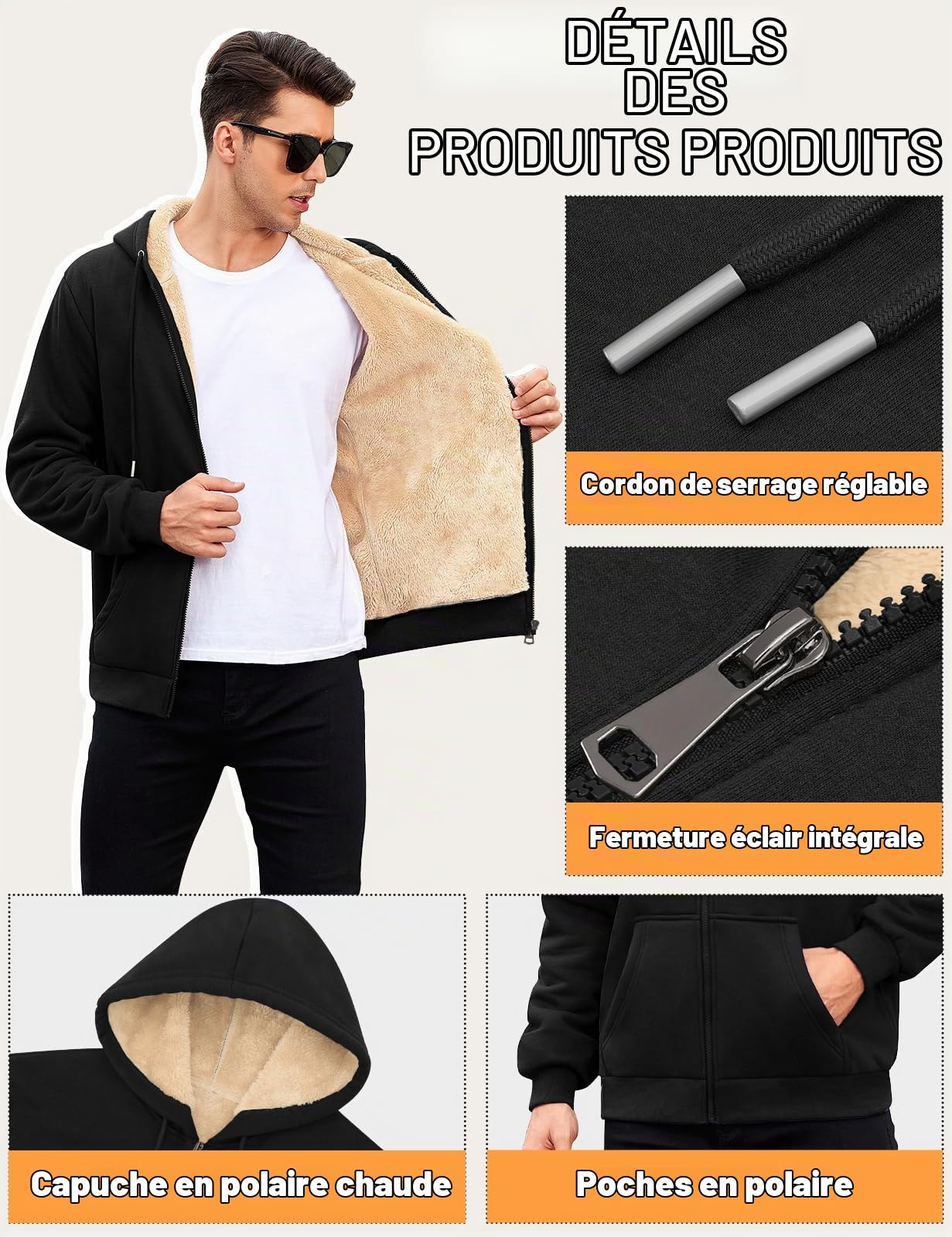 TOMEEK Sweat Homme Polaire Sweat à Capuche Veste Hiver Chaud avec Zippée Thermique Sherpa Manteaux avec Poches Manches Longues Zippé Blouson Casual Travail Sport