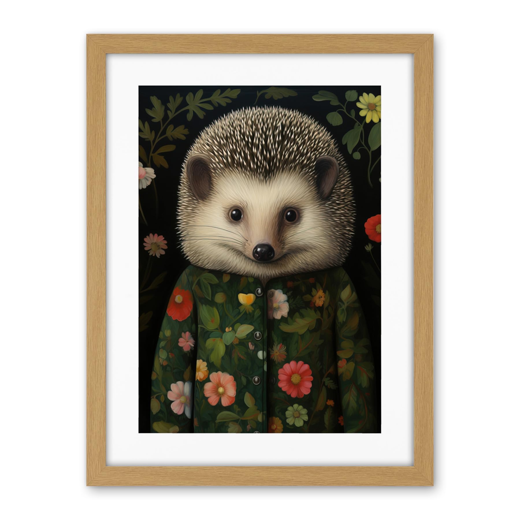 Artery8 Hedgehog in Hedgerow Floral Jacket Cute Kids Bedroom Artwork Framed Wall Art Print 18X24 Inch