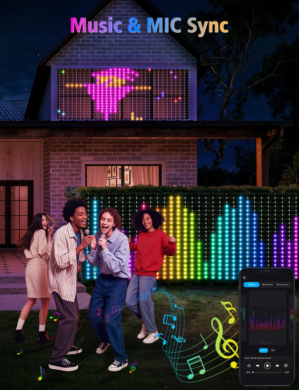 echosari 600 luces LED de red para exteriores, 3.5 x 9.5 pies, luces inteligentes RGB e IC con aplicación/control remoto, modos de bricolaje, luz de malla impermeable para decoración de arbustos de