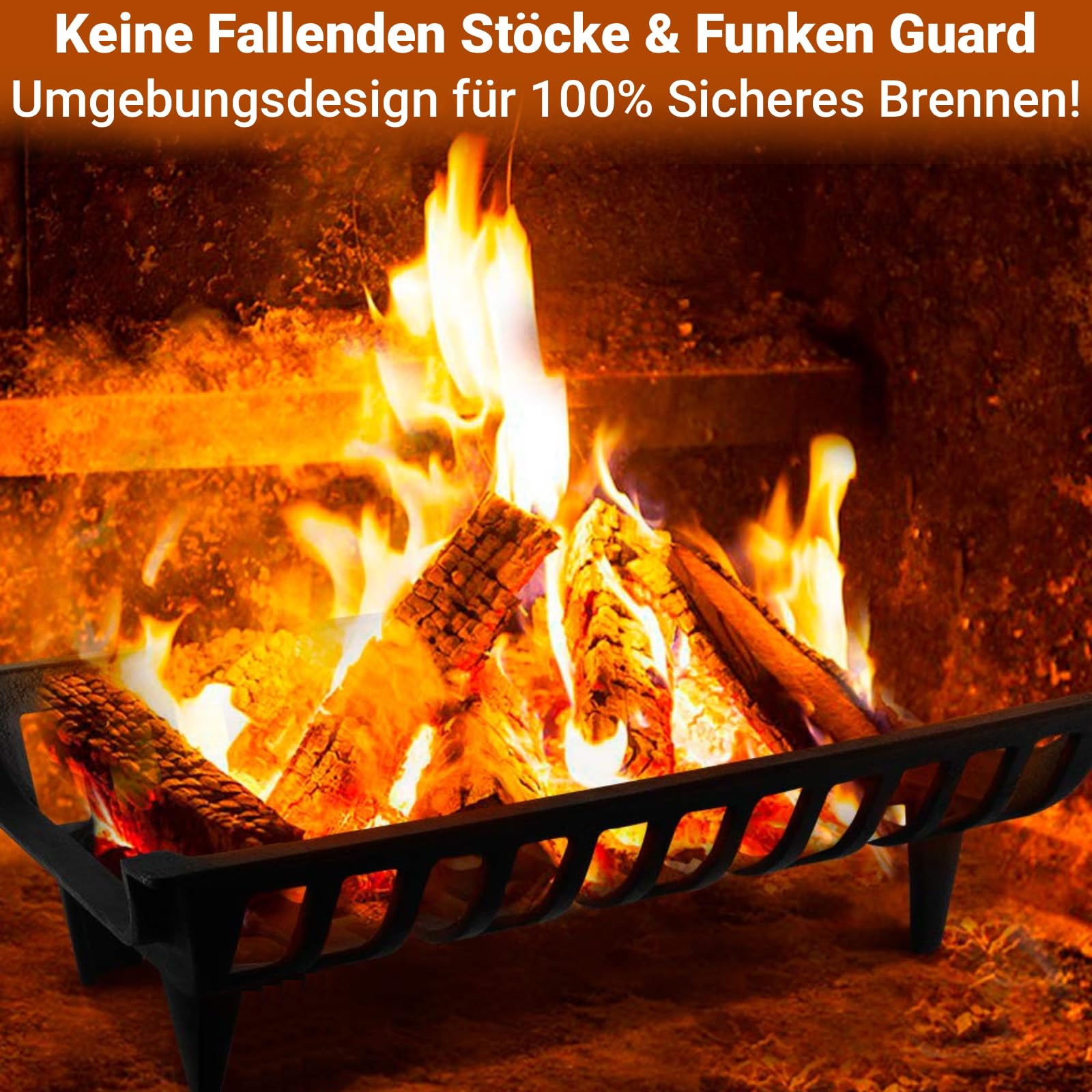 Amagabeli 61cm Kaminrost Schwarz - Robuster Kaminrost aus Stahl, Feuerbock für Kamin, Kaminholzständer, Brennholzhalter, Scheitholzregal mit Füßen für Innen & Außen, Feuergitter