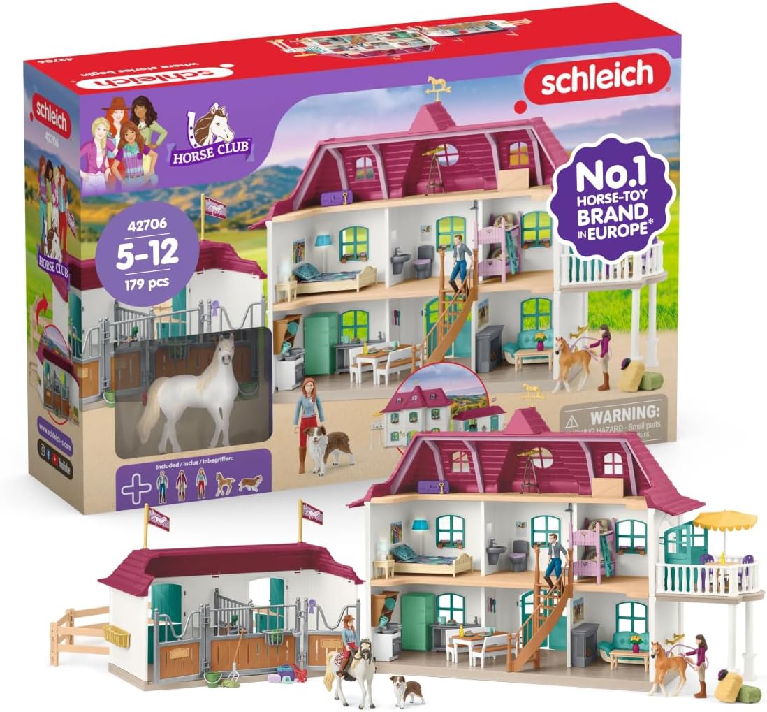 Schleich Horse Club - 179 PC Lakeside Country House and Stable Playset with Horse Figurines, Poseable Characters and Accessories - Realistic Farm Toys for Girls and Boys - Kids Ages 5+ | 42706