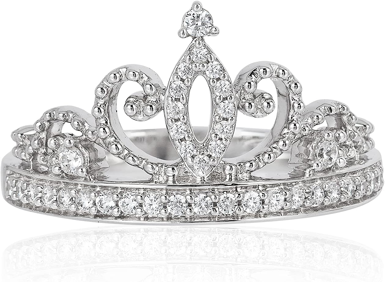 Jewelili Enchanted Disney Fine Jewelry Sterling Silver 1/5 Cttw Diamond Majestic Princess Tiara Ring
